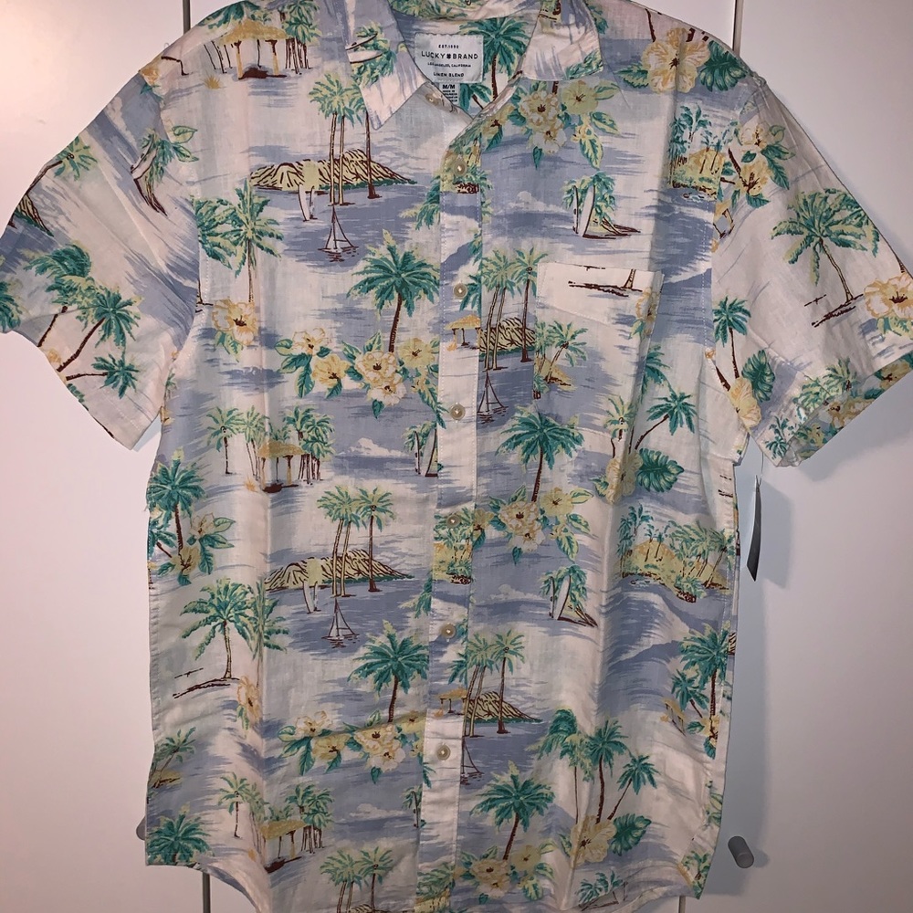 Lucky Brand Tropical Print Casual Button Down Shirt - Blue and Green